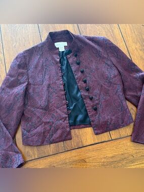 Casual Corner Burgundy Petite Jacquard Asian Tang Jacket